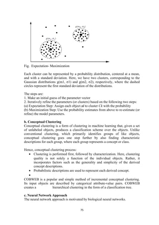 Fig. Expectation- Maximization
Each cluster can be represented by a probability distribution, centered at a mean,
and with a standard deviation. Here, we have two clusters, corresponding to the
Gaussian distributions g(m1, σ1) and g(m2, σ2), respectively, where the dashed
circles represent the first standard deviation of the distributions.
The steps are:
1. Make an initial guess of the parameter vector
2. Iteratively refine the parameters (or clusters) based on the following two steps:
(a) Expectation Step: Assign each object xi to cluster Ck with the probability
(b) Maximization Step: Use the probability estimates from above to re-estimate (or
refine) the model parameters.
b. Conceptual Clustering
Conceptual clustering is a form of clustering in machine learning that, given a set
of unlabeled objects, produces a classification scheme over the objects. Unlike
conventional clustering, which primarily identifies groups of like objects,
conceptual clustering goes one step further by also finding characteristic
descriptions for each group, where each group represents a concept or class.
Hence, conceptual clustering process:
• Clustering is performed first, followed by characterization. Here, clustering
quality is not solely a function of the individual objects. Rather, it
incorporates factors such as the generality and simplicity of the derived
concept descriptions.
• Probabilistic descriptions are used to represent each derived concept.
•
COBWEB is a popular and simple method of incremental conceptual clustering.
Its input objects are described by categorical attribute-value pairs. COBWEB
creates a hierarchical clustering in the form of a classification tree.
c. Neural Network Approach
The neural network approach is motivated by biological neural networks.
75
 