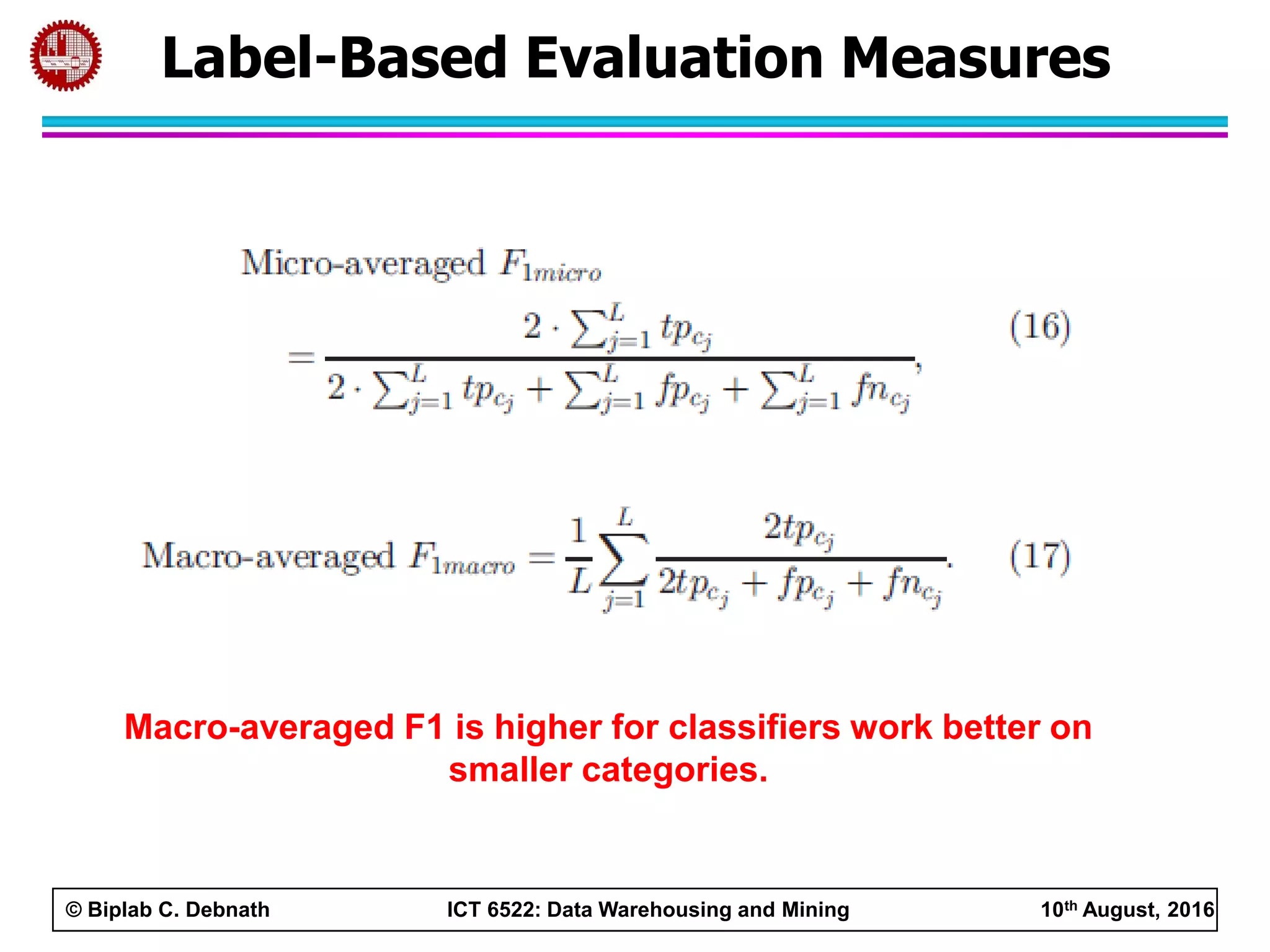 © Biplab C. Debnath ICT 6522: Data Warehousing and Mining 10th August, 2016
Label-Based Evaluation Measures
Macro-averaged F1 is higher for classifiers work better on
smaller categories.
 