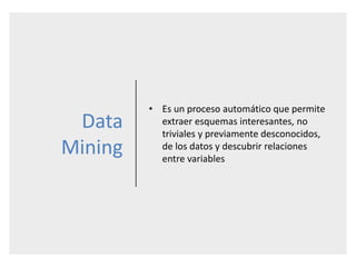 Data
Mining
• Es un proceso automático que permite
extraer esquemas interesantes, no
triviales y previamente desconocidos,
de los datos y descubrir relaciones
entre variables
 