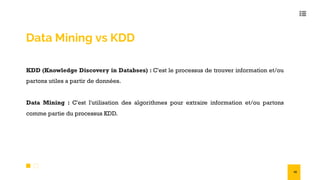 Data Mining vs KDD
KDD (Knowledge Discovery in Databses) : C'est le processus de trouver information et/ou
partons utiles a partir de données.
Data Mining : C'est l'utilisation des algorithmes pour extraire information et/ou partons
comme partie du processus KDD.
15
 
