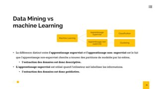 Data Mining vs
machine Learning
• La différence distinct entre l'apprentissage supervisé et l'apprentissage non- supervisé est le fait
que l'apprentissage non-supervisé cherche a trouver des partitions de modelés par lui-même,
• l'extraction des données est donc descriptive.
• L'apprentissage supervisé est utilisé quand l'utilisateur sait labelliser les informations.
• l'extraction des données est donc prédictive.
Machine Learning
Apprentissage
supervisé
Classification
Apprentissage non
supervisé
Clustering
19
 