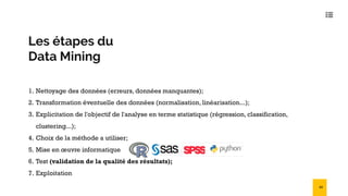 Les étapes du
Data Mining
1. Nettoyage des données (erreurs, données manquantes);
2. Transformation éventuelle des données (normalisation, linéarisation...);
3. Explicitation de l'objectif de l'analyse en terme statistique (régression, classification,
clustering...);
4. Choix de la méthode a utiliser;
5. Mise en œuvre informatique
6. Test (validation de la qualité des résultats);
7. Exploitation
22
 
