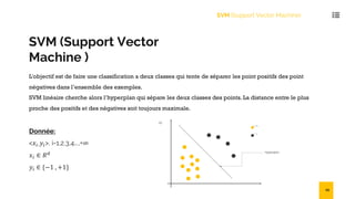SVM (Support Vector
Machine )
L'objectif est de faire une classification a deux classes qui tente de séparer les point positifs des point
négatives dans l’ensemble des exemples.
SVM linéaire cherche alors l’hyperplan qui sépare les deux classes des points. La distance entre le plus
proche des positifs et des négatives soit toujours maximale.
Hyperplan
X2
= +1
= -1
Donnée:
<𝑥!,𝑦!>, i=1,2,3,4….,+∞
𝑥! ∈ 𝑅"
𝑦! ∈ {−1 , +1}
SVM (Support Vector Machine)
29
 