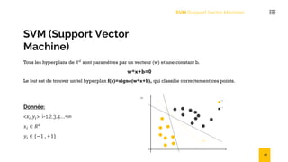 SVM (Support Vector
Machine)
Tous les hyperplans de 𝑅!
sont paramètres par un vecteur (w) et une constant b.
w*x+b=0
Le but est de trouver un tel hyperplan f(x)=signe(w*x+b), qui classifie correctement ces points.
SVM (Support Vector Machine)
F(x)
X2
= +1
= -1
Donnée:
<𝑥!,𝑦!>, i=1,2,3,4….,+∞
𝑥! ∈ 𝑅"
𝑦! ∈ {−1 , +1}
30
 
