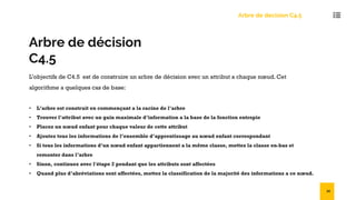 Arbre de décision
C4.5
L’objectifs de C4.5 est de construire un arbre de décision avec un attribut a chaque nœud. Cet
algorithme a quelques cas de base:
• L’arbre est construit en commençant a la racine de l’arbre
• Trouver l’attribut avec un gain maximale d’information a la base de la fonction entropie
• Placez un nœud enfant pour chaque valeur de cette attribut
• Ajoutez tous les informations de l’ensemble d’apprentissage au nœud enfant correspondant
• Si tous les informations d’un nœud enfant appartiennent a la même classe, mettez la classe en-bas et
remonter dans l’arbre
• Sinon, continuez avec l'étape 2 pendant que les attributs sont affectées
• Quand plus d’abréviations sont affectées, mettez la classification de la majorité des informations a ce nœud.
Arbre de decision C4.5
34
 