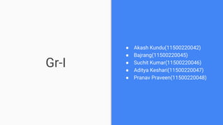 Gr-I
● Akash Kundu(11500220042)
● Bajrang(11500220045)
● Suchit Kumar(11500220046)
● Aditya Keshari(11500220047)
● Pranav Praveen(11500220048)
 
