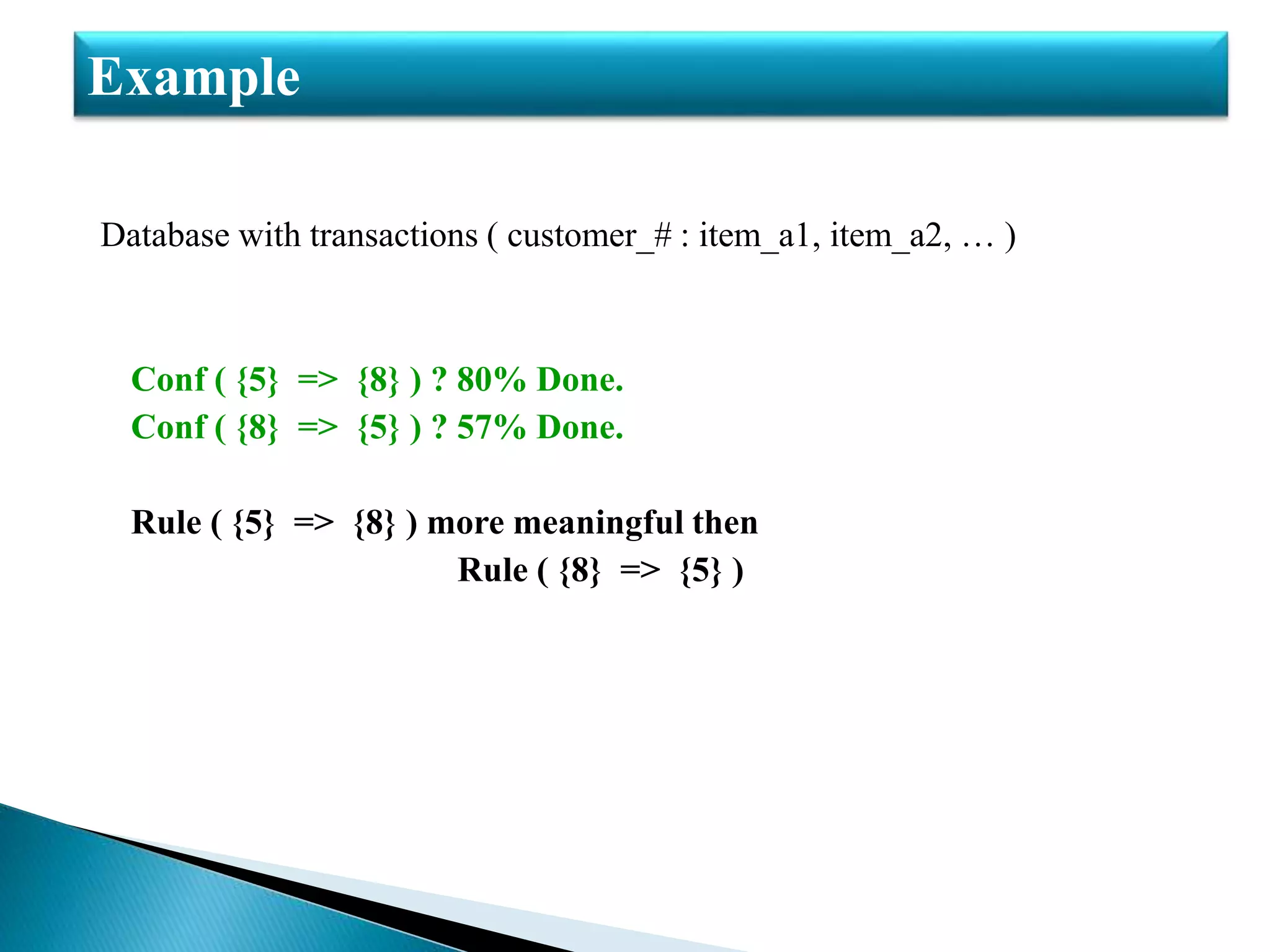 Database with transactions ( customer_# : item_a1, item_a2, … )
Conf ( {5} => {8} ) ? 80% Done.
Conf ( {8} => {5} ) ? 57% Done.
Rule ( {5} => {8} ) more meaningful then
Rule ( {8} => {5} )
Example
 