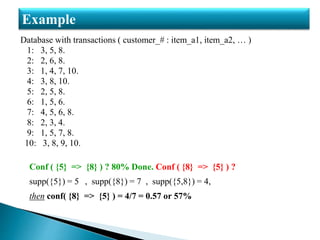 Database with transactions ( customer_# : item_a1, item_a2, … )
1: 3, 5, 8.
2: 2, 6, 8.
3: 1, 4, 7, 10.
4: 3, 8, 10.
5: 2, 5, 8.
6: 1, 5, 6.
7: 4, 5, 6, 8.
8: 2, 3, 4.
9: 1, 5, 7, 8.
10: 3, 8, 9, 10.
Conf ( {5} => {8} ) ? 80% Done. Conf ( {8} => {5} ) ?
supp({5}) = 5 , supp({8}) = 7 , supp({5,8}) = 4,
then conf( {8} => {5} ) = 4/7 = 0.57 or 57%
Example
 