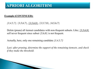 Example (CONTINUED):
{3,4,5,7}, {3,5,6,7}, {3,5,6,8}, {3,5,7,8}, {4,5,6,7}
Delete (prune) all itemset candidates with non-frequent subsets. Like; {3,5,6,8}
self never frequent since subset {5,6,8} is not frequent.
Actually, here, only one remaining candidate {3,4,5,7}
Last; after pruning, determine the support of the remaining itemsets, and check
if they make the threshold.
APRIORI ALGORITHM
 