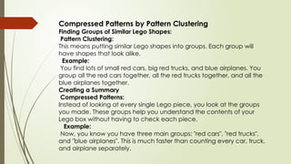 Compressed Patterns by Pattern Clustering
Finding Groups of Similar Lego Shapes:
Pattern Clustering:
This means putting similar Lego shapes into groups. Each group will
have shapes that look alike.
Example:
You find lots of small red cars, big red trucks, and blue airplanes. You
group all the red cars together, all the red trucks together, and all the
blue airplanes together.
Creating a Summary
Compressed Patterns:
Instead of looking at every single Lego piece, you look at the groups
you made. These groups help you understand the contents of your
Lego box without having to check each piece.
Example:
Now, you know you have three main groups: "red cars", "red trucks",
and "blue airplanes". This is much faster than counting every car, truck,
and airplane separately.
 