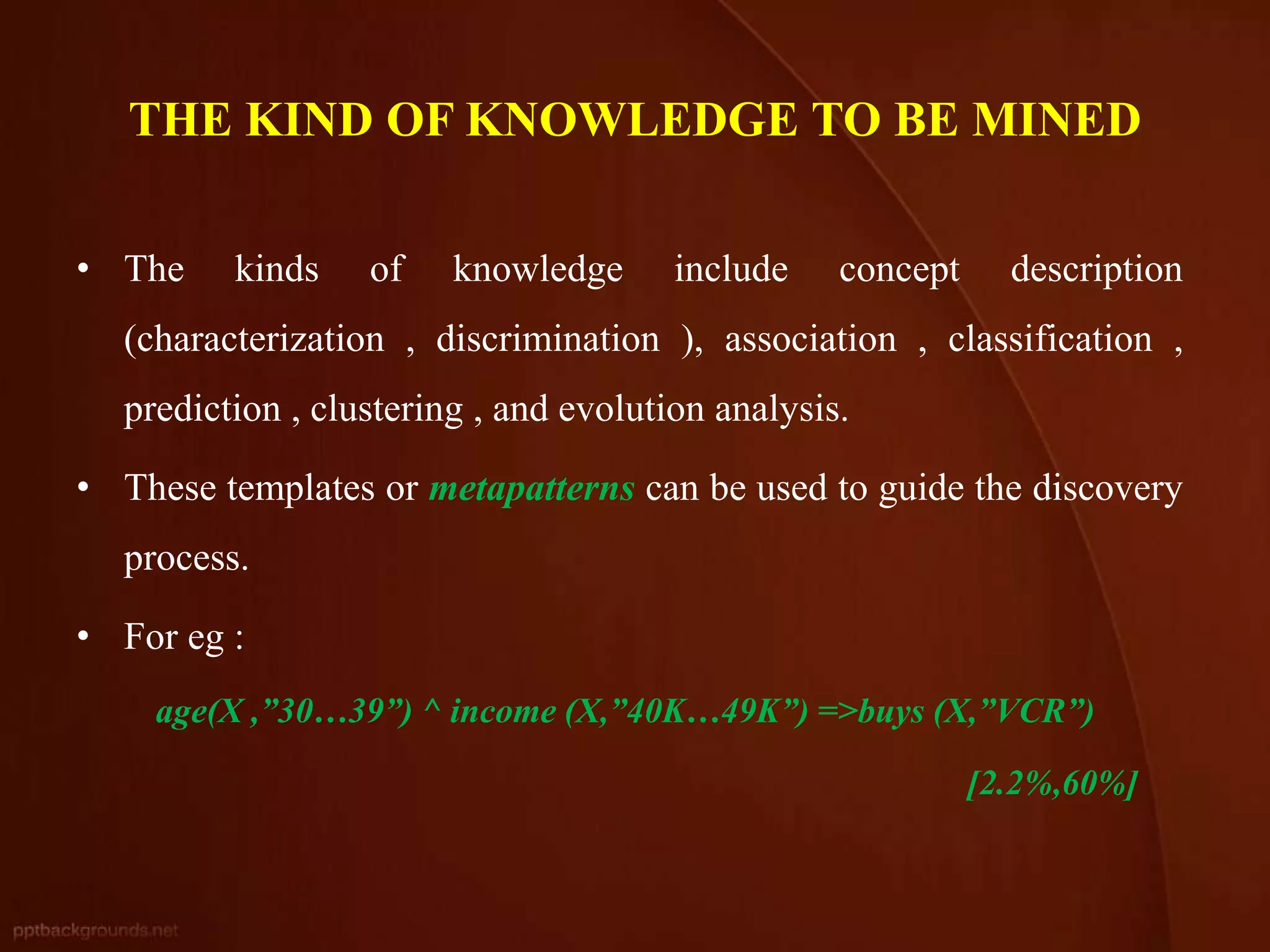 THE KIND OF KNOWLEDGE TO BE MINED
• The kinds of knowledge include concept description
(characterization , discrimination ), association , classification ,
prediction , clustering , and evolution analysis.
• These templates or metapatterns can be used to guide the discovery
process.
• For eg :
age(X ,”30…39”) ^ income (X,”40K…49K”) =>buys (X,”VCR”)
[2.2%,60%]
 