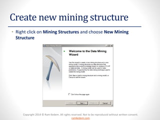 Copyright 2014 © Ram Kedem. All rights reserved. Not to be reproduced without written consent.
ramkedem.com
Create new mining structure
• Right click on Mining Structures and choose New Mining
Structure
 