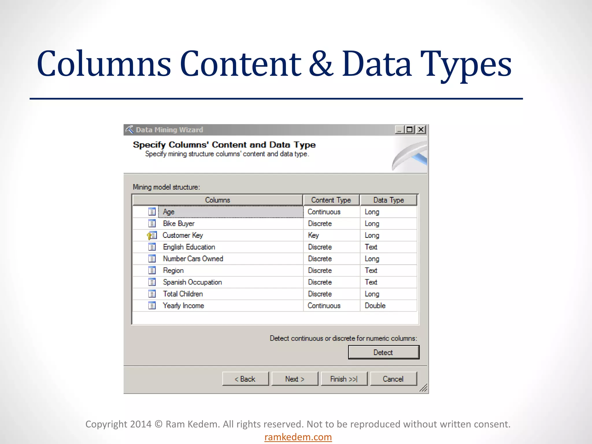Copyright 2014 © Ram Kedem. All rights reserved. Not to be reproduced without written consent.
ramkedem.com
Columns Content & Data Types
 