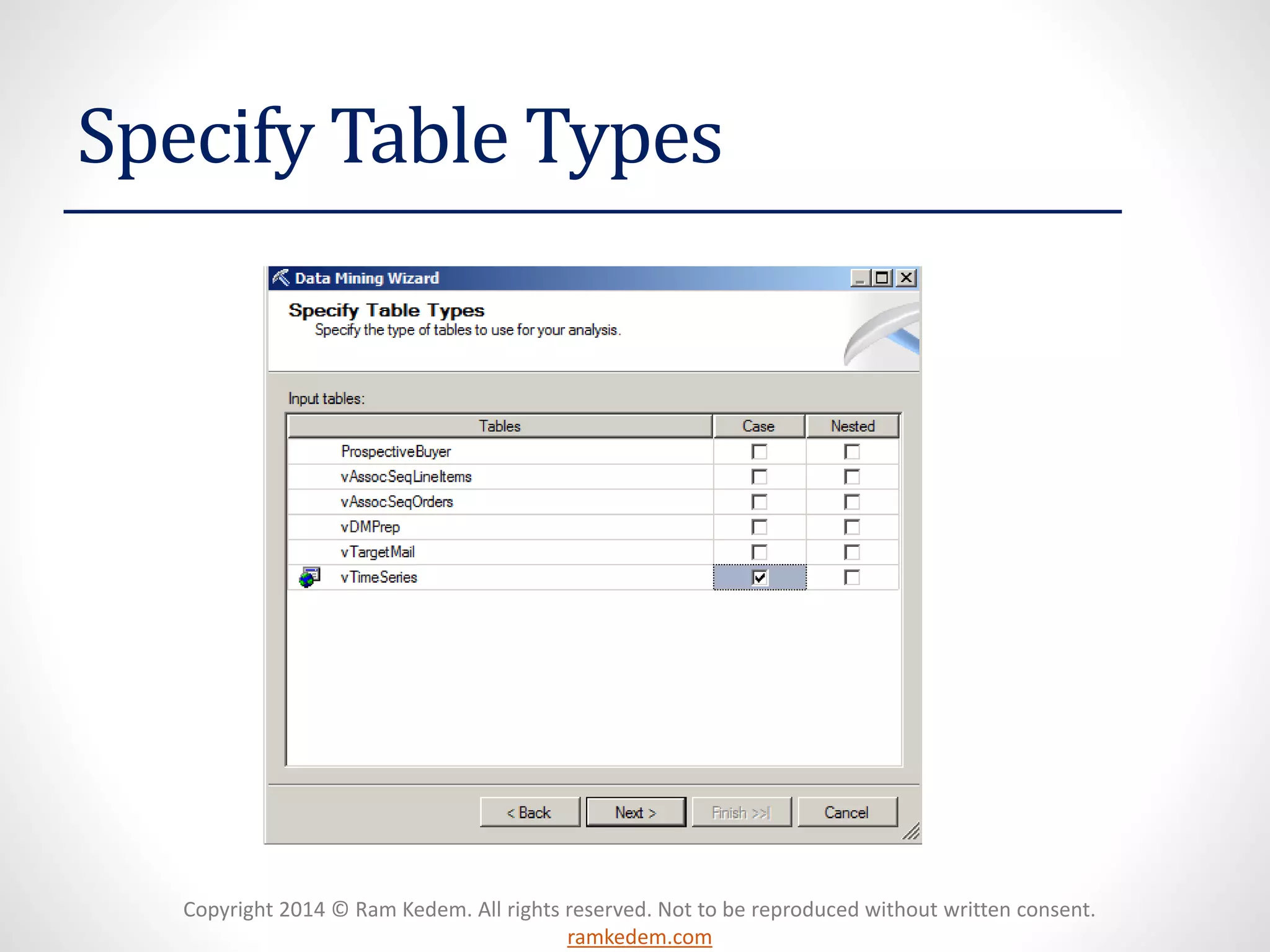 Copyright 2014 © Ram Kedem. All rights reserved. Not to be reproduced without written consent.
ramkedem.com
Specify Table Types
 
