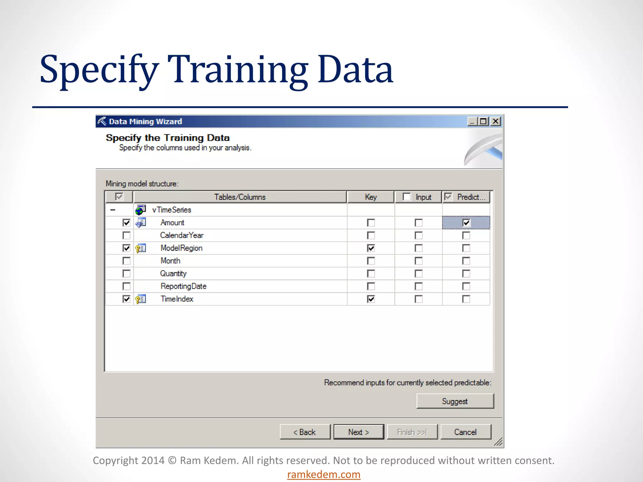 Copyright 2014 © Ram Kedem. All rights reserved. Not to be reproduced without written consent.
ramkedem.com
Specify Training Data
 