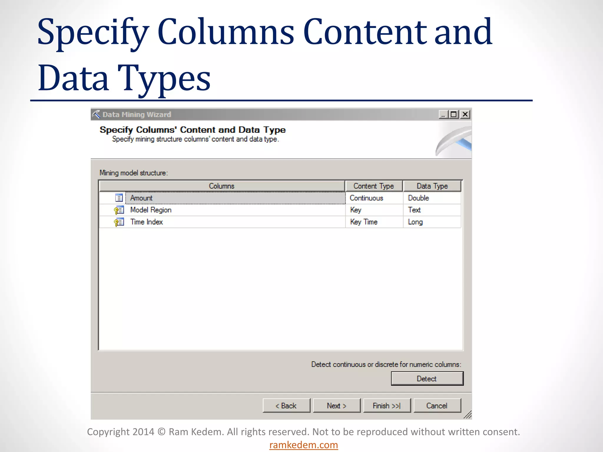 Copyright 2014 © Ram Kedem. All rights reserved. Not to be reproduced without written consent.
ramkedem.com
Specify Columns Content and
Data Types
 
