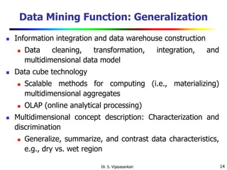 14
Data Mining Function: Generalization
 Information integration and data warehouse construction
 Data cleaning, transformation, integration, and
multidimensional data model
 Data cube technology
 Scalable methods for computing (i.e., materializing)
multidimensional aggregates
 OLAP (online analytical processing)
 Multidimensional concept description: Characterization and
discrimination
 Generalize, summarize, and contrast data characteristics,
e.g., dry vs. wet region
Dr. S. Vijayasankari
 