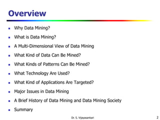 2
Overview
 Why Data Mining?
 What is Data Mining?
 A Multi-Dimensional View of Data Mining
 What Kind of Data Can Be Mined?
 What Kinds of Patterns Can Be Mined?
 What Technology Are Used?
 What Kind of Applications Are Targeted?
 Major Issues in Data Mining
 A Brief History of Data Mining and Data Mining Society
 Summary
Dr. S. Vijayasankari
 