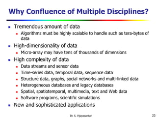 23
Why Confluence of Multiple Disciplines?
 Tremendous amount of data
 Algorithms must be highly scalable to handle such as tera-bytes of
data
 High-dimensionality of data
 Micro-array may have tens of thousands of dimensions
 High complexity of data
 Data streams and sensor data
 Time-series data, temporal data, sequence data
 Structure data, graphs, social networks and multi-linked data
 Heterogeneous databases and legacy databases
 Spatial, spatiotemporal, multimedia, text and Web data
 Software programs, scientific simulations
 New and sophisticated applications
Dr. S. Vijayasankari
 