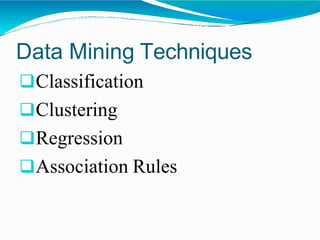 Data Mining Techniques
Classification
Clustering
Regression
Association Rules
 