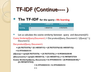 TF-IDF (Continue---- )TF-IDF (Continue---- )
 The TF-IDF for the query : life learning
 Let us calculate the cosine similarity between query and document(d1)
Cosine Similarity(Query,Document1) = Dot product(Query, Document1) / ||Query|| * ||
Document1||
Dot product(Query, Document1)
= ((0.702753576) * (0.140550715) + (0.702753576)*(0.140550715))
= 0.197545035151
||Query|| = sqrt((0.702753576) + (0.702753576) ) = 0.993843638185
||Document1|| = sqrt((0.140550715) + (0.140550715) ) = 0.198768727354
Cosine Similarity(Query, Document) = 0.197545035151 / (0.993843638185) *
(0.198768727354)
= 0.197545035151 / 0.197545035151
= 1
life .5 1.405507153 0.702753576
learning .5 1.405507153 0.702753576
 