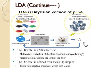 LDA (Continue---- )LDA (Continue---- )
 The Dirichlet is a “dice factory”
◦ Multivariate equivalent of the Beta distribution (“coin factory”)
◦ Parameters α determine the form of the prior
 The Dirichlet is defined over the (K-1) simplex
◦ The K non-negative arguments which sum to one
 