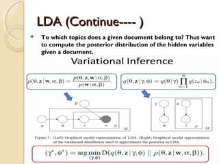 LDA (Continue---- )LDA (Continue---- )
 To which topics does a given document belong to? Thus want
to compute the posterior distribution of the hidden variables
given a document.
 