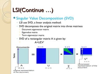 LSI(Continue …)LSI(Continue …)
Singular Value Decomposition (SVD)
◦ LSI use SVD, a linear analysis method:
◦ SVD decomposes the original matrix into three matrixes
 Document eigenvector matrix
 Eigenvalue matrix
 Term eigenvector matrix
◦ SVD of a rectangular matrix A is given by:
 A=U VΣ T
 