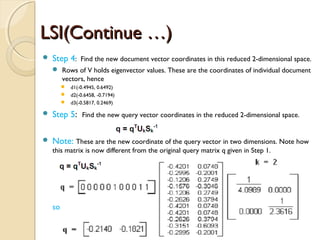 LSI(Continue …)LSI(Continue …)
 Step 4: Find the new document vector coordinates in this reduced 2-dimensional space.
 Rows of V holds eigenvector values. These are the coordinates of individual document
vectors, hence
 d1(-0.4945, 0.6492)
 d2(-0.6458, -0.7194)
 d3(-0.5817, 0.2469)
 Step 5: Find the new query vector coordinates in the reduced 2-dimensional space.
 Note: These are the new coordinate of the query vector in two dimensions. Note how
this matrix is now different from the original query matrix q given in Step 1.
so
 