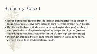 Summary: Case 1
● Four of the five rules attributed for the ‘healthy’ class indicates female gender on
this particular dataset, have more chance of being free from coronary heart disease.
● Also, the results shows that when exercise induced angina (chest pain) was false, it
was a good indicator of a person being healthy, irrespective of gender (exercise
induced angina = false has appeared in the LHS of all the high confidence rules).
● The number of coloured vessels being zero and thal (heart status) being normal
were also shown to be good indicators of health.
 