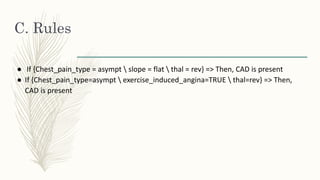 C. Rules
● If {Chest_pain_type = asympt  slope = flat  thal = rev} => Then, CAD is present
● If {Chest_pain_type=asympt  exercise_induced_angina=TRUE  thal=rev} => Then,
CAD is present
 