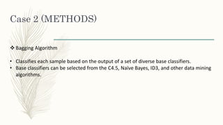 Case 2 (METHODS)
 Bagging Algorithm
• Classifies each sample based on the output of a set of diverse base classifiers.
• Base classifiers can be selected from the C4.5, Naïve Bayes, ID3, and other data mining
algorithms.
 