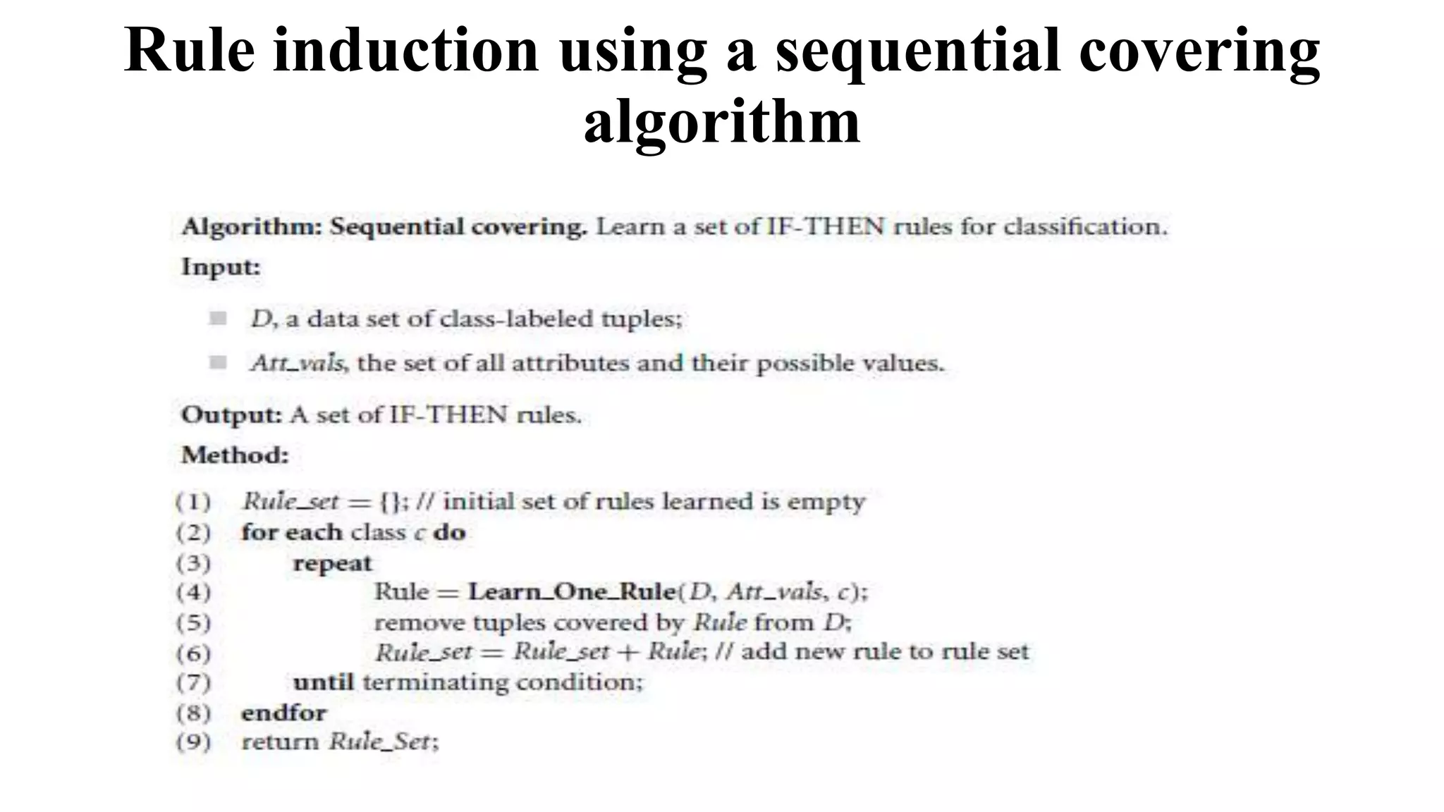 Rule induction using a sequential covering
algorithm
 