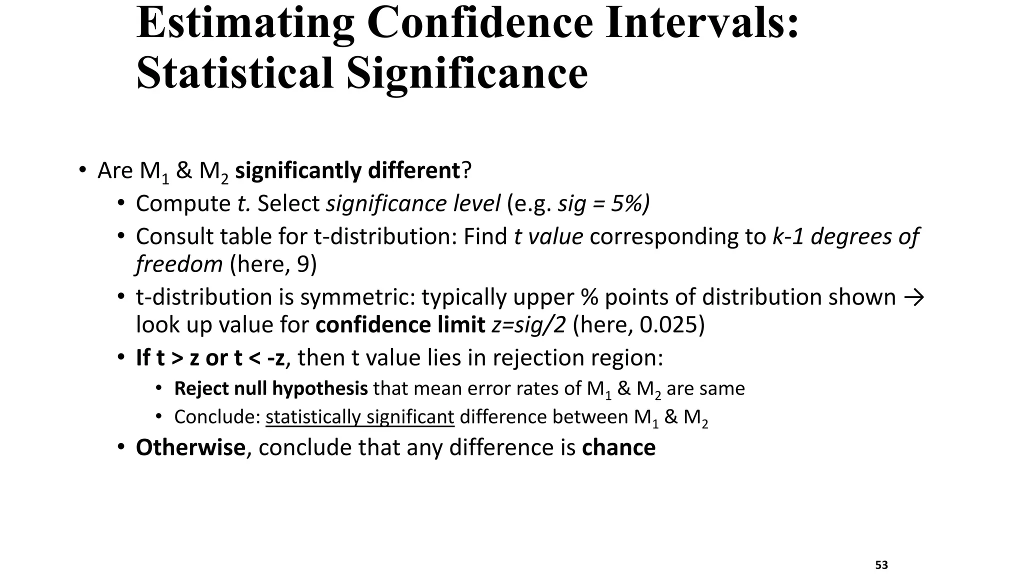 Estimating Confidence Intervals:
Statistical Significance
• Are M1 & M2 significantly different?
• Compute t. Select significance level (e.g. sig = 5%)
• Consult table for t-distribution: Find t value corresponding to k-1 degrees of
freedom (here, 9)
• t-distribution is symmetric: typically upper % points of distribution shown →
look up value for confidence limit z=sig/2 (here, 0.025)
• If t > z or t < -z, then t value lies in rejection region:
• Reject null hypothesis that mean error rates of M1 & M2 are same
• Conclude: statistically significant difference between M1 & M2
• Otherwise, conclude that any difference is chance
53
 