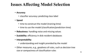 Issues Affecting Model Selection
• Accuracy
• classifier accuracy: predicting class label
• Speed
• time to construct the model (training time)
• time to use the model (classification/prediction time)
• Robustness: handling noise and missing values
• Scalability: efficiency in disk-resident databases
• Interpretability
• understanding and insight provided by the model
• Other measures, e.g., goodness of rules, such as decision tree
size or compactness of classification rules 55
 