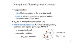 Density-Based Clustering: Basic Concepts
• Two parameters:
• Eps: Maximum radius of the neighbourhood
• MinPts: Minimum number of points in an Eps-
neighbourhood of that point
• NEps(p): {q belongs to D | dist(p,q) ≤ Eps}
• Directly density-reachable: A point p is directly density-
reachable from a point q w.r.t. Eps, MinPts if
• p belongs to NEps(q)
• core point condition:
|NEps (q)| ≥ MinPts
MinPts = 5
Eps = 1 cm
p
q
38
 