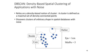 DBSCAN: Density-Based Spatial Clustering of
Applications with Noise
• Relies on a density-based notion of cluster: A cluster is defined as
a maximal set of density-connected points
• Discovers clusters of arbitrary shape in spatial databases with
noise
Core
Border
Outlier
Eps = 1cm
MinPts = 5
40
 