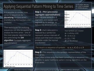 Applying Sequential Pattern Mining to Time Series
Introduction to Business Intelligence – Archishman Bandyopadhyay & Gaurang Dhume , SIBM Pune (MBA 39 , Marketing A)
It is possible to convert time
series to sequences by
discretizing the time series
(transforming the numbers into
symbols).
Then techniques for analysing
sequences can also be applied to
analyse the time series - one of
the most popular algorithms for
the same being the SAX
algorithm (Symbolic Aggregate
approXimation)
Step 1 : PAA (piecewise
aggregate approximation)
Split the time series into 8
segments and replace each
segment by its average ,to
reduce the dimensionality
n = 11 (orgnl. data pts.)
w = 4 (no. of symbols)
v = 8 (PAA data pts.)
Step 2 : Each data point is
replaced by a symbol (to
represent various intervals of
values such that each is equally
probable under the normal
distribution)
Four symbols are created:
a = [-Infinity, 4.50]
b = [4.50, 6.2]
c = [6.2, 7.90]
d = [7.90,Infinity]
The result is a sequence of symbols: a, a, c, d, d, c, c, b
Step 3 : This sequence is the symbolic representation of the
time series.
Then, after a time series has been converted to a sequence, it is
possible to apply traditional pattern mining algorithms on the
time series
 