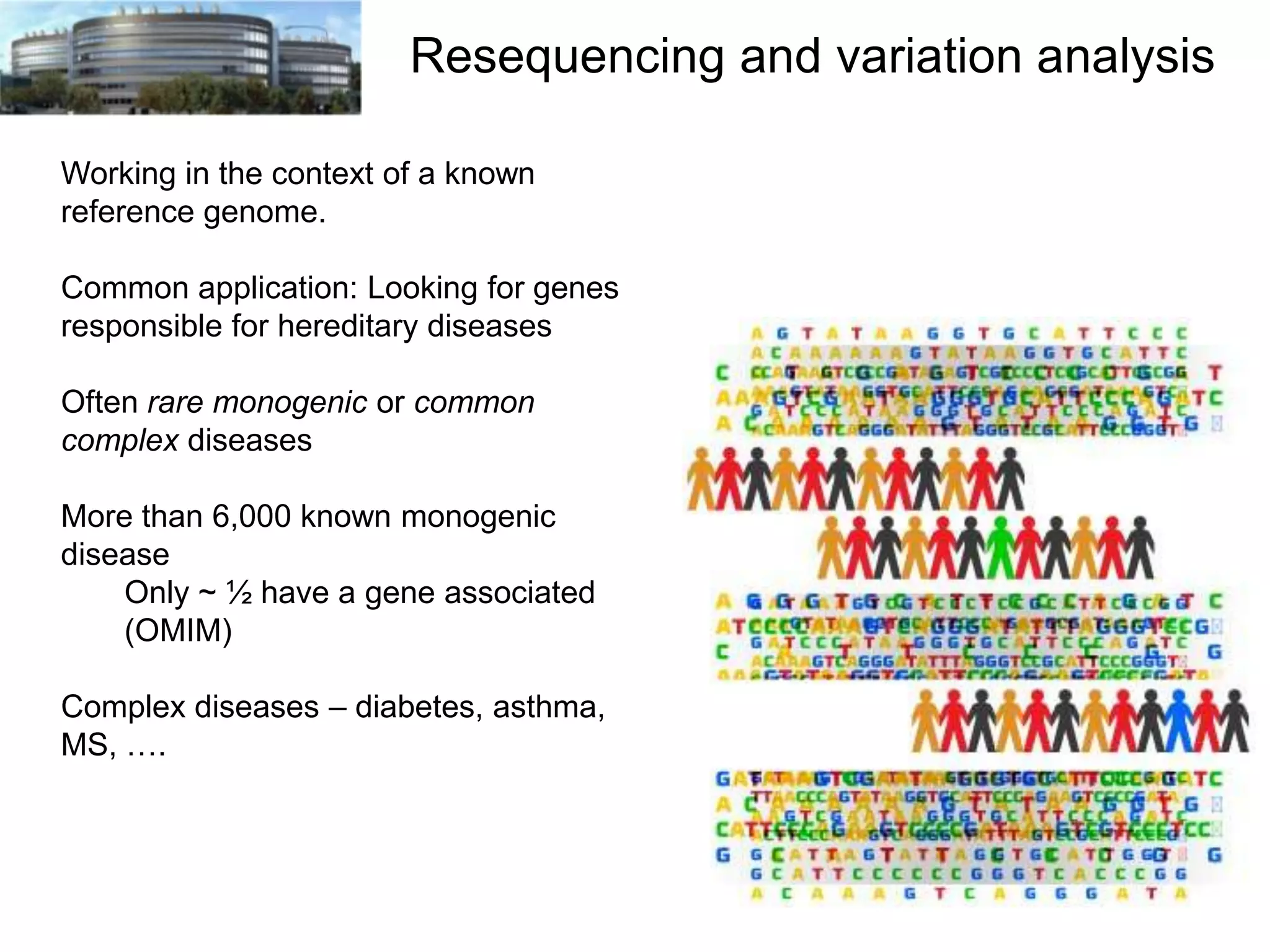 Resequencing and variation analysis
Working in the context of a known
reference genome.
Common application: Looking for genes
responsible for hereditary diseases
Often rare monogenic or common
complex diseases
More than 6,000 known monogenic
disease
Only ~ ½ have a gene associated
(OMIM)
Complex diseases – diabetes, asthma,
MS, ….

 