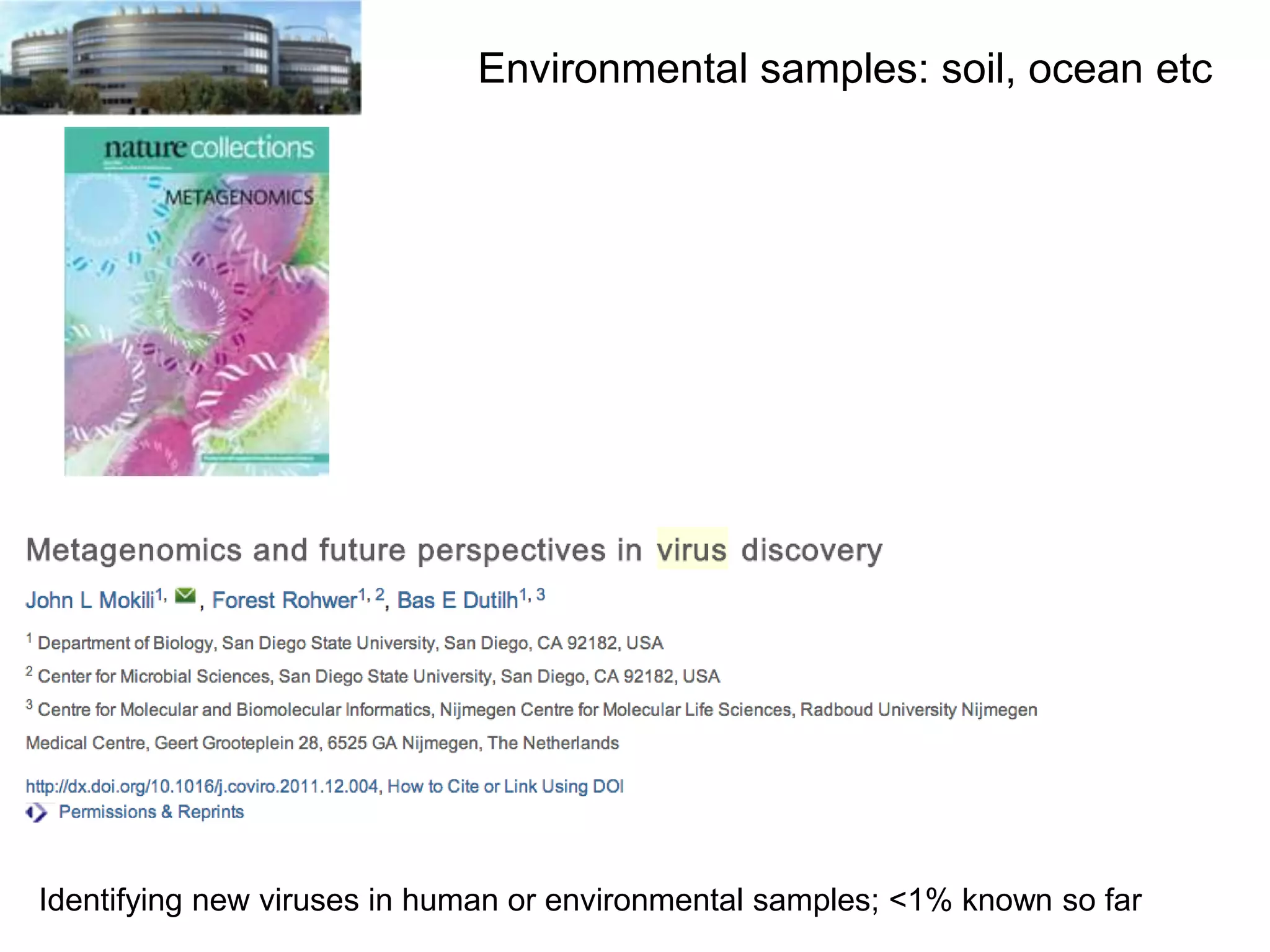 Environmental samples: soil, ocean etc

Identifying new viruses in human or environmental samples; <1% known so far

 