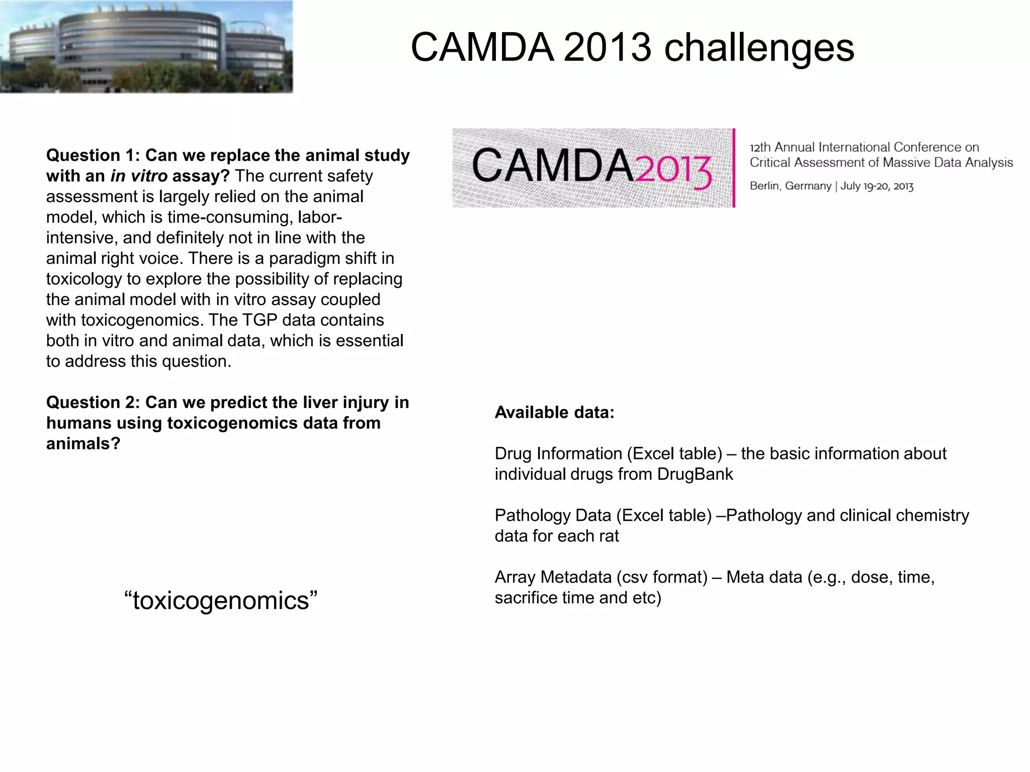 CAMDA 2013 challenges
Question 1: Can we replace the animal study
with an in vitro assay? The current safety
assessment is largely relied on the animal
model, which is time-consuming, laborintensive, and definitely not in line with the
animal right voice. There is a paradigm shift in
toxicology to explore the possibility of replacing
the animal model with in vitro assay coupled
with toxicogenomics. The TGP data contains
both in vitro and animal data, which is essential
to address this question.
Question 2: Can we predict the liver injury in
humans using toxicogenomics data from
animals?

Available data:
Drug Information (Excel table) – the basic information about
individual drugs from DrugBank
Pathology Data (Excel table) –Pathology and clinical chemistry
data for each rat

“toxicogenomics”

Array Metadata (csv format) – Meta data (e.g., dose, time,
sacrifice time and etc)

 