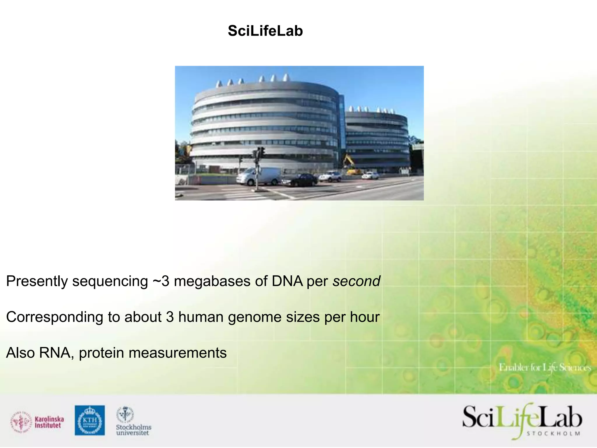 SciLifeLab

Presently sequencing ~3 megabases of DNA per second
Corresponding to about 3 human genome sizes per hour
Also RNA, protein measurements

 