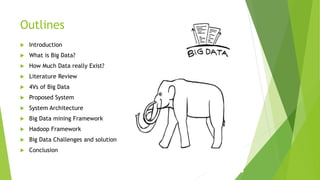 Outlines
 Introduction
 What is Big Data?
 How Much Data really Exist?
 Literature Review
 4Vs of Big Data
 Proposed System
 System Architecture
 Big Data mining Framework
 Hadoop Framework
 Big Data Challenges and solution
 Conclusion
 