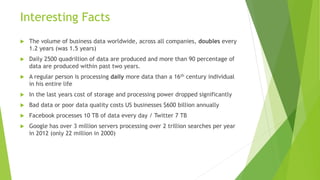 Interesting Facts
 The volume of business data worldwide, across all companies, doubles every
1.2 years (was 1.5 years)
 Daily 2500 quadrillion of data are produced and more than 90 percentage of
data are produced within past two years.
 A regular person is processing daily more data than a 16th century individual
in his entire life
 In the last years cost of storage and processing power dropped significantly
 Bad data or poor data quality costs US businesses $600 billion annually
 Facebook processes 10 TB of data every day / Twitter 7 TB
 Google has over 3 million servers processing over 2 trillion searches per year
in 2012 (only 22 million in 2000)
 
