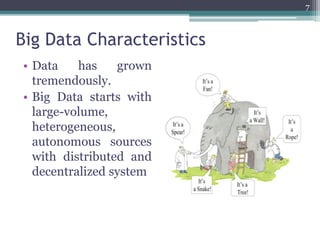 Big Data Characteristics
• Data has grown
tremendously.
• Big Data starts with
large-volume,
heterogeneous,
autonomous sources
with distributed and
decentralized system
7
 