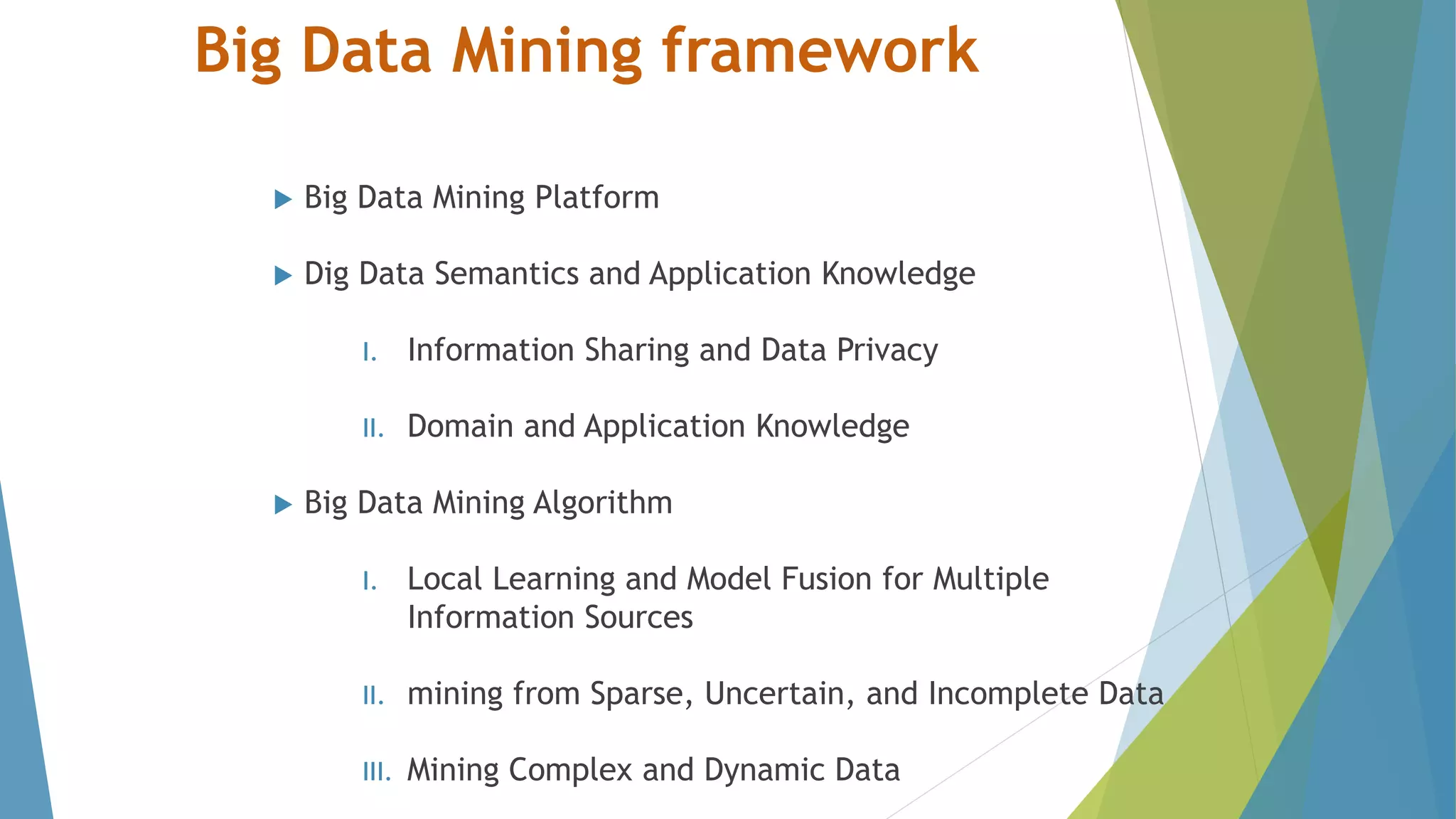Big Data Mining framework
 Big Data Mining Platform
 Dig Data Semantics and Application Knowledge
I. Information Sharing and Data Privacy
II. Domain and Application Knowledge
 Big Data Mining Algorithm
I. Local Learning and Model Fusion for Multiple
Information Sources
II. mining from Sparse, Uncertain, and Incomplete Data
III. Mining Complex and Dynamic Data
 