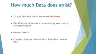 How much Data does exist?
 2.5 quintillion bytes of data are created EVERY DAY
 IBM: 90 percent of the data in the world today were produced
with past two years
 Forms of Data????
 Examples : Boing Jet, Scientific Data, Sensor Data, Internet
Data,
 