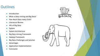Outlines
 Introduction
 What is Data mining and Big Data?
 How Much Data really Exist?
 Literature Review
 4Vs of Big Data
 System
 System Architecture
 Big Data mining Framework
 Hadoop Framework
 Big Data Challenges and solution
 Advantages
 Application implementation
 Conclusion
 