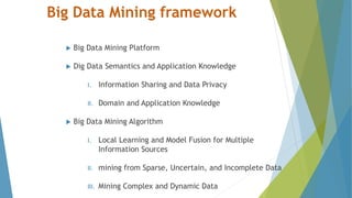 Big Data Mining framework
 Big Data Mining Platform
 Dig Data Semantics and Application Knowledge
I. Information Sharing and Data Privacy
II. Domain and Application Knowledge
 Big Data Mining Algorithm
I. Local Learning and Model Fusion for Multiple
Information Sources
II. mining from Sparse, Uncertain, and Incomplete Data
III. Mining Complex and Dynamic Data
 