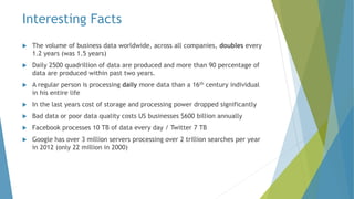 Interesting Facts
 The volume of business data worldwide, across all companies, doubles every
1.2 years (was 1.5 years)
 Daily 2500 quadrillion of data are produced and more than 90 percentage of
data are produced within past two years.
 A regular person is processing daily more data than a 16th century individual
in his entire life
 In the last years cost of storage and processing power dropped significantly
 Bad data or poor data quality costs US businesses $600 billion annually
 Facebook processes 10 TB of data every day / Twitter 7 TB
 Google has over 3 million servers processing over 2 trillion searches per year
in 2012 (only 22 million in 2000)
 